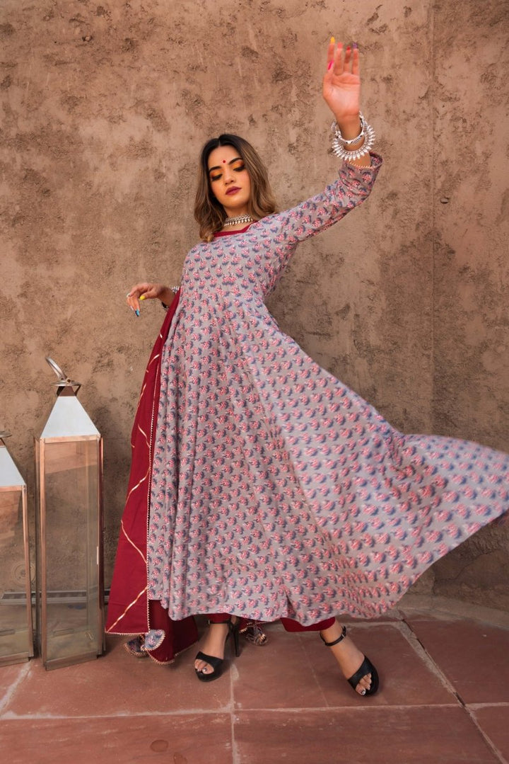 MORNING GLORY HAND BLOCK PURE COTTON ANARKALI SET - Pomcha Jaipur