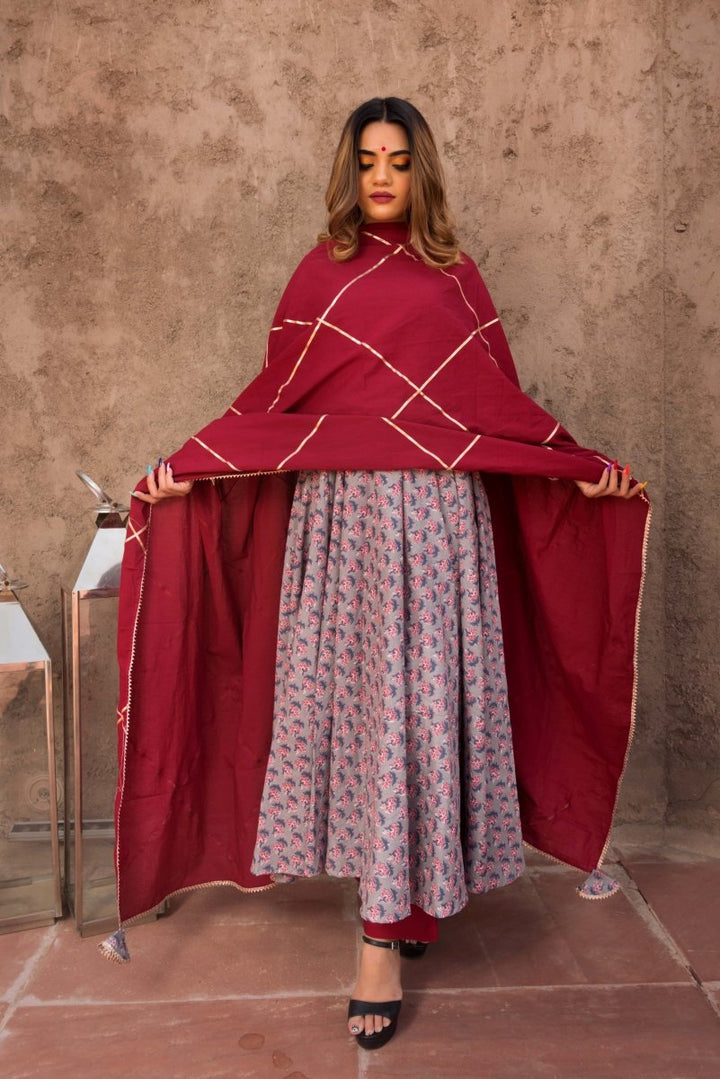 MORNING GLORY HAND BLOCK PURE COTTON ANARKALI SET - Pomcha Jaipur