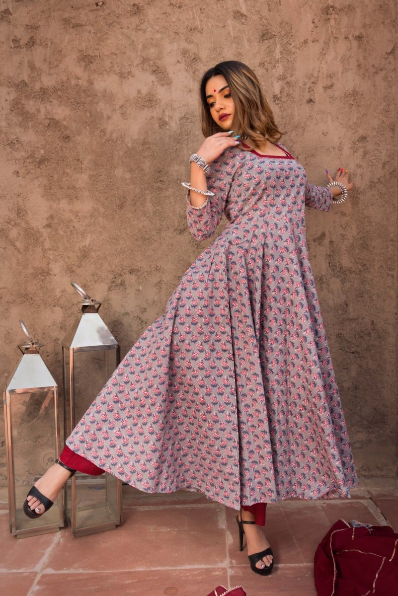 MORNING GLORY HAND BLOCK PURE COTTON ANARKALI SET - Pomcha Jaipur