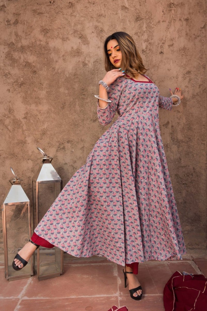 MORNING GLORY HAND BLOCK PURE COTTON ANARKALI SET - Pomcha Jaipur