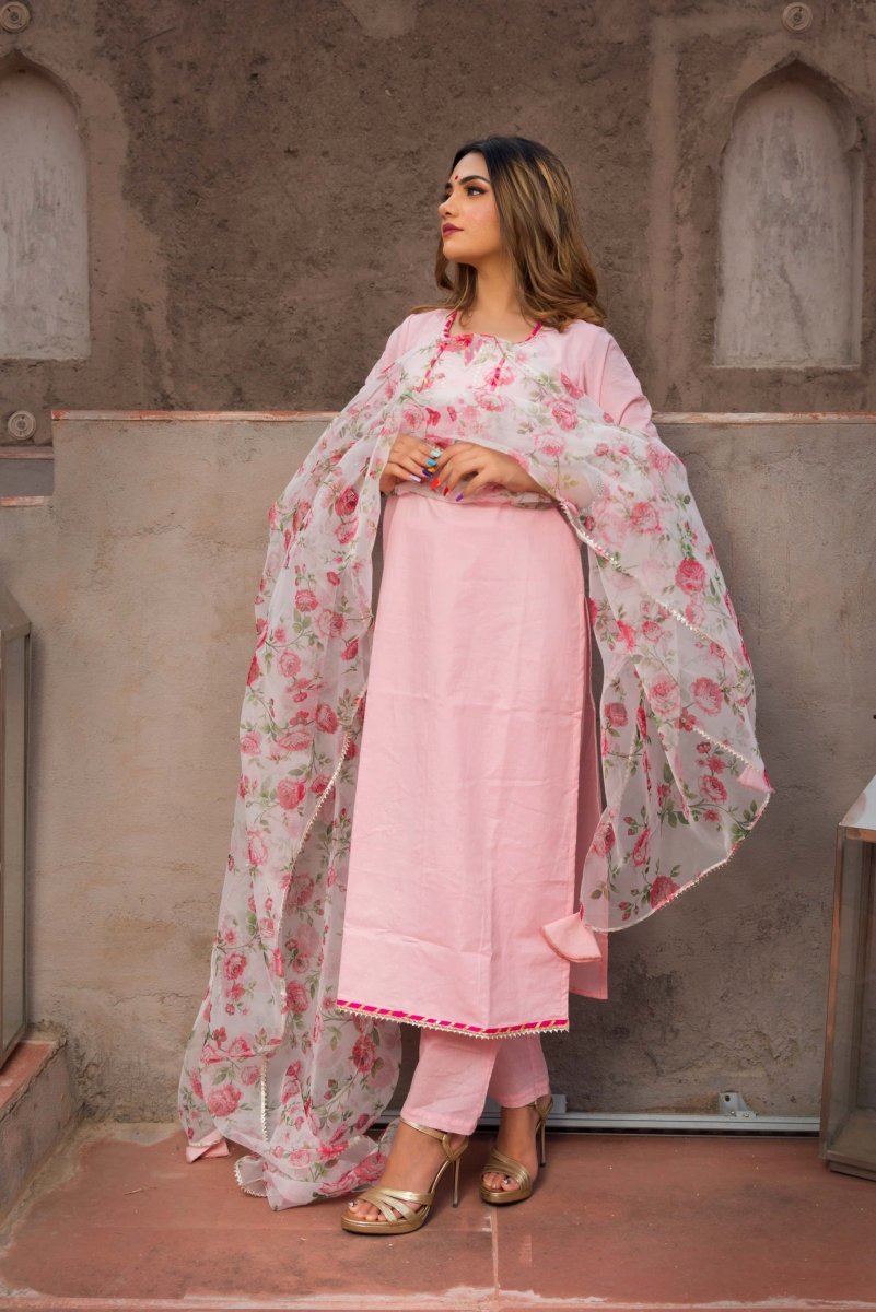 MOSAMI PINK COTTON KURTA PANT SET SUIT WITH ORGANZA DUPATTA - Pomcha Jaipur