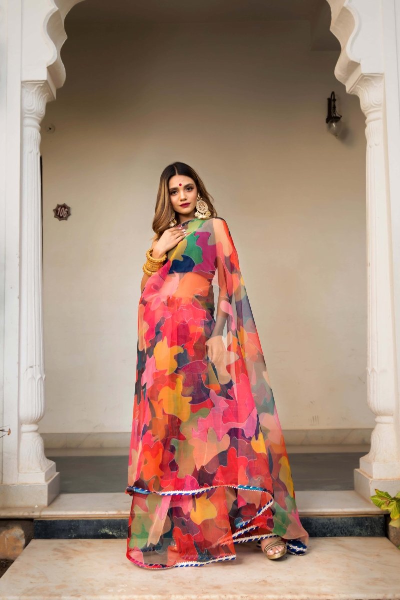 Multi - Color Organza Printed Saree - Pomcha Jaipur
