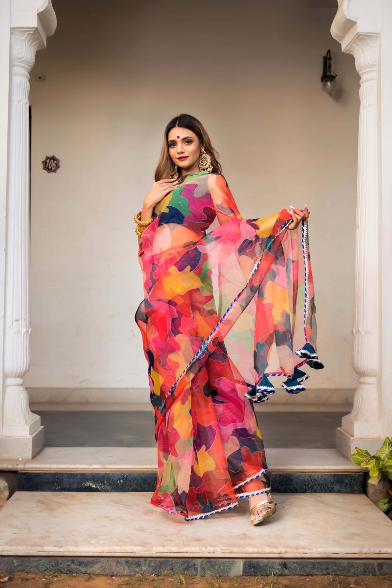 Multi - Color Organza Printed Saree - Pomcha Jaipur