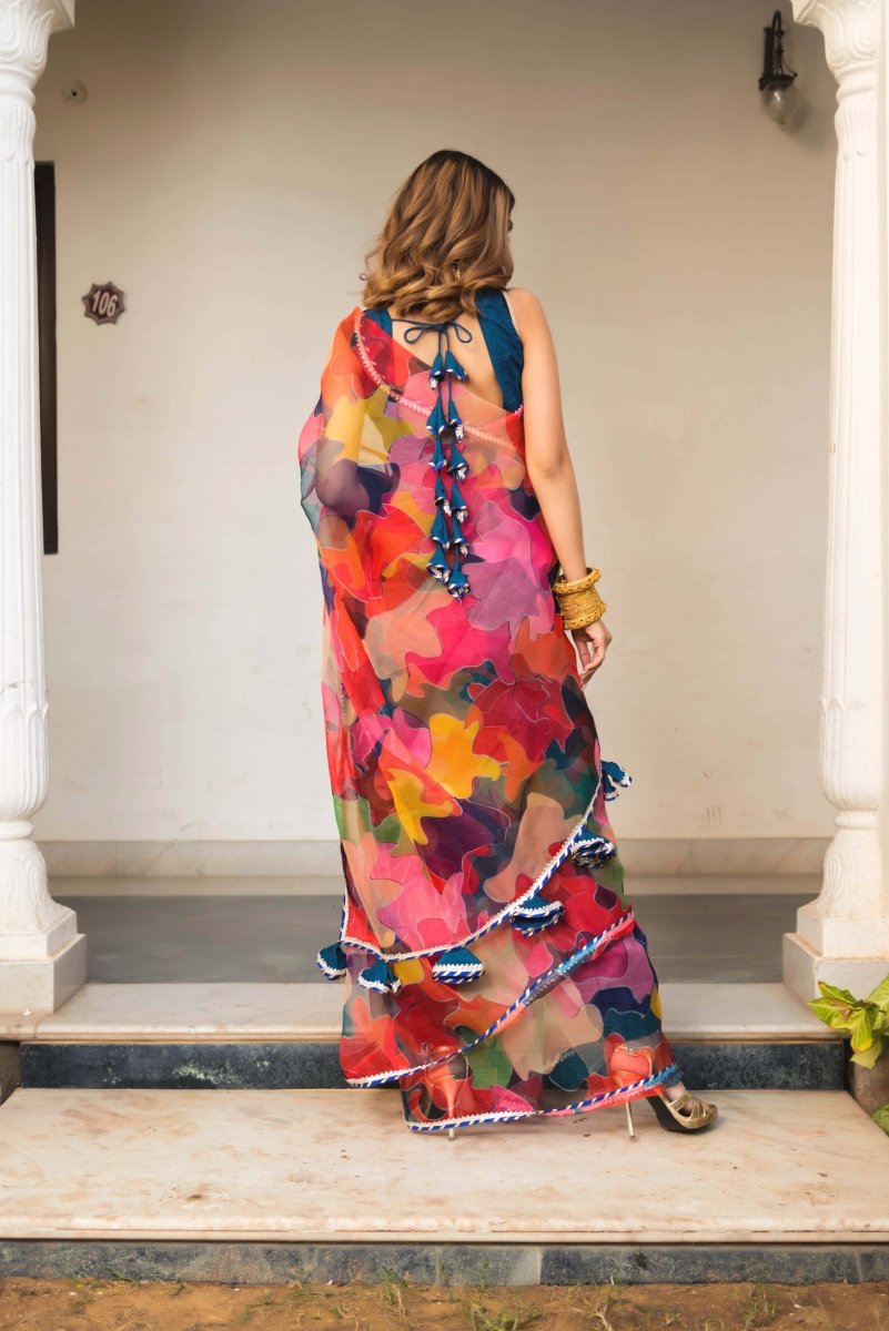 Multi - Color Organza Printed Saree - Pomcha Jaipur