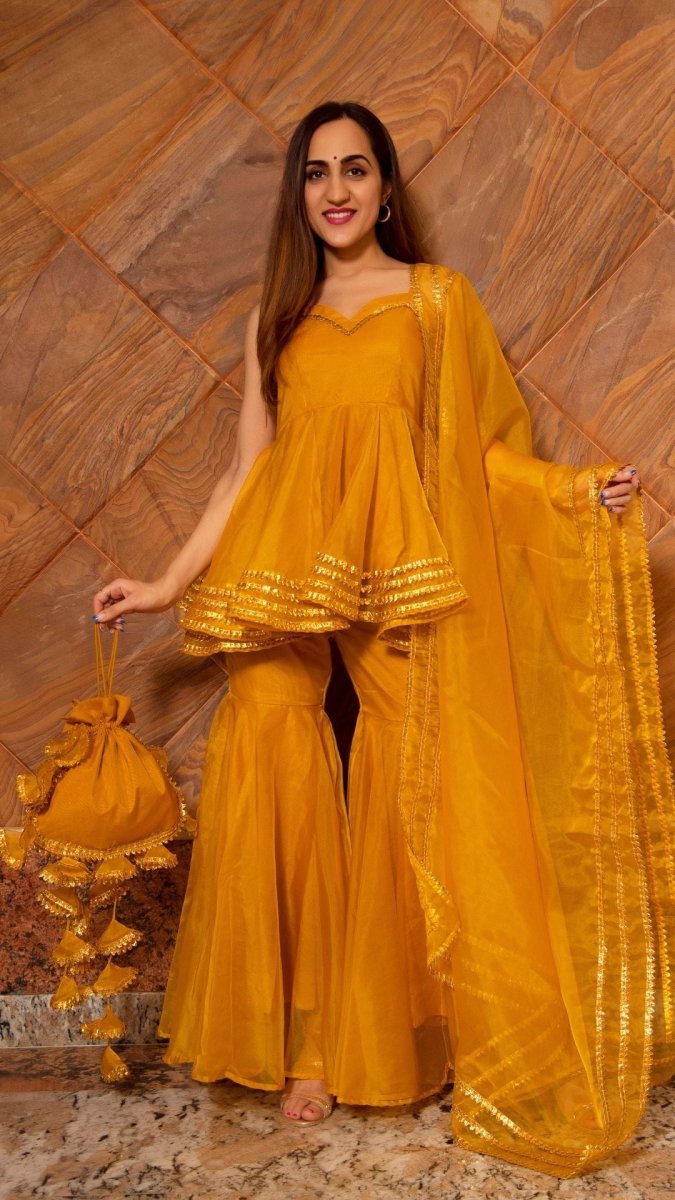 MURAT MUSTARD ORGANZA SHARARA WITH ORGANZA DUPATTA - Pomcha Jaipur