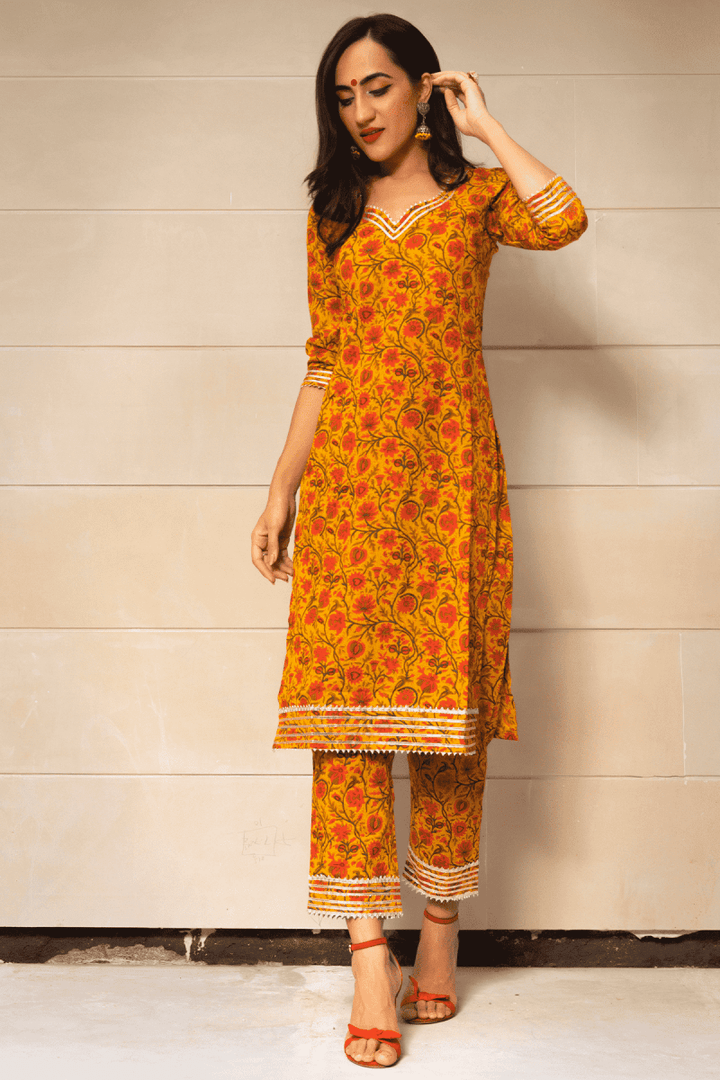MUSTARD YELLOW COTTON HAND BLOCK PRINT KURTA PANT SET WITH COTTON DUPATTA - Pomcha Jaipur