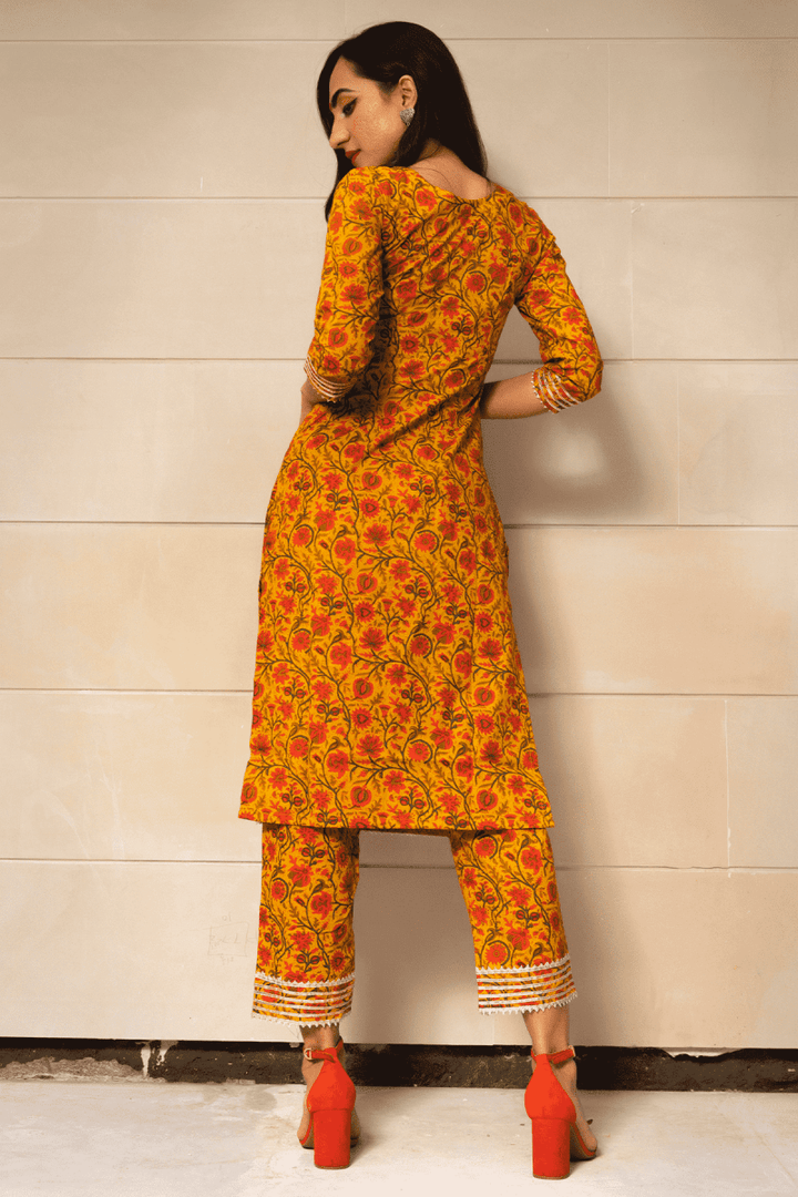 MUSTARD YELLOW COTTON HAND BLOCK PRINT KURTA PANT SET WITH COTTON DUPATTA - Pomcha Jaipur