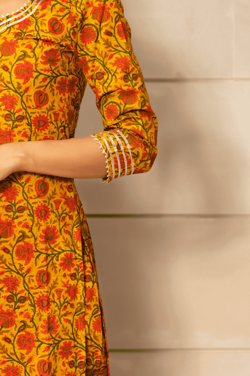 MUSTARD YELLOW COTTON HAND BLOCK PRINT KURTA PANT SET WITH COTTON DUPATTA - Pomcha Jaipur