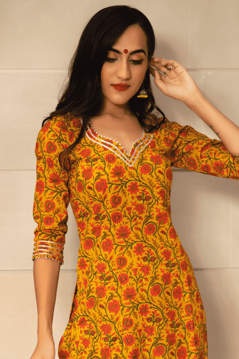 MUSTARD YELLOW COTTON HAND BLOCK PRINT KURTA PANT SET WITH COTTON DUPATTA - Pomcha Jaipur