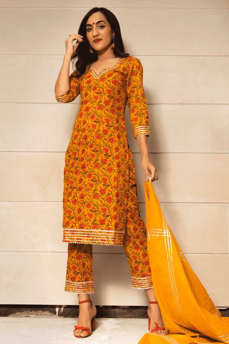 MUSTARD YELLOW COTTON HAND BLOCK PRINT KURTA PANT SET WITH COTTON DUPATTA - Pomcha Jaipur