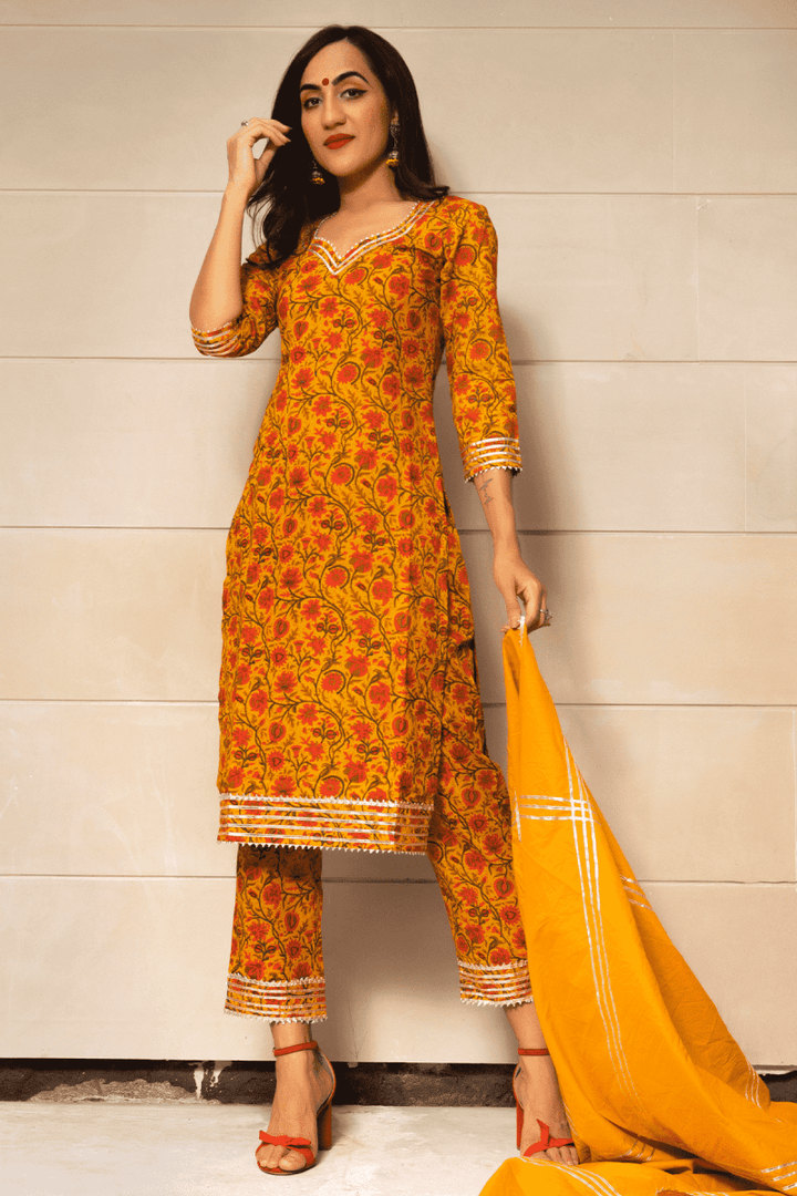 MUSTARD YELLOW COTTON HAND BLOCK PRINT KURTA PANT SET WITH COTTON DUPATTA - Pomcha Jaipur