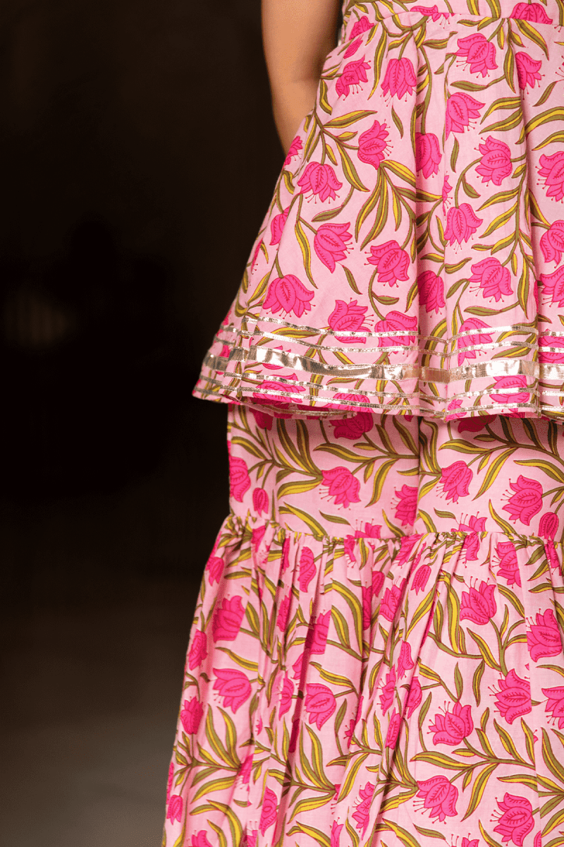 NAZAKAT PINK COTTON HAND BLOCK SHARARA SET WITH SOFT NET DUPATTA - Pomcha Jaipur