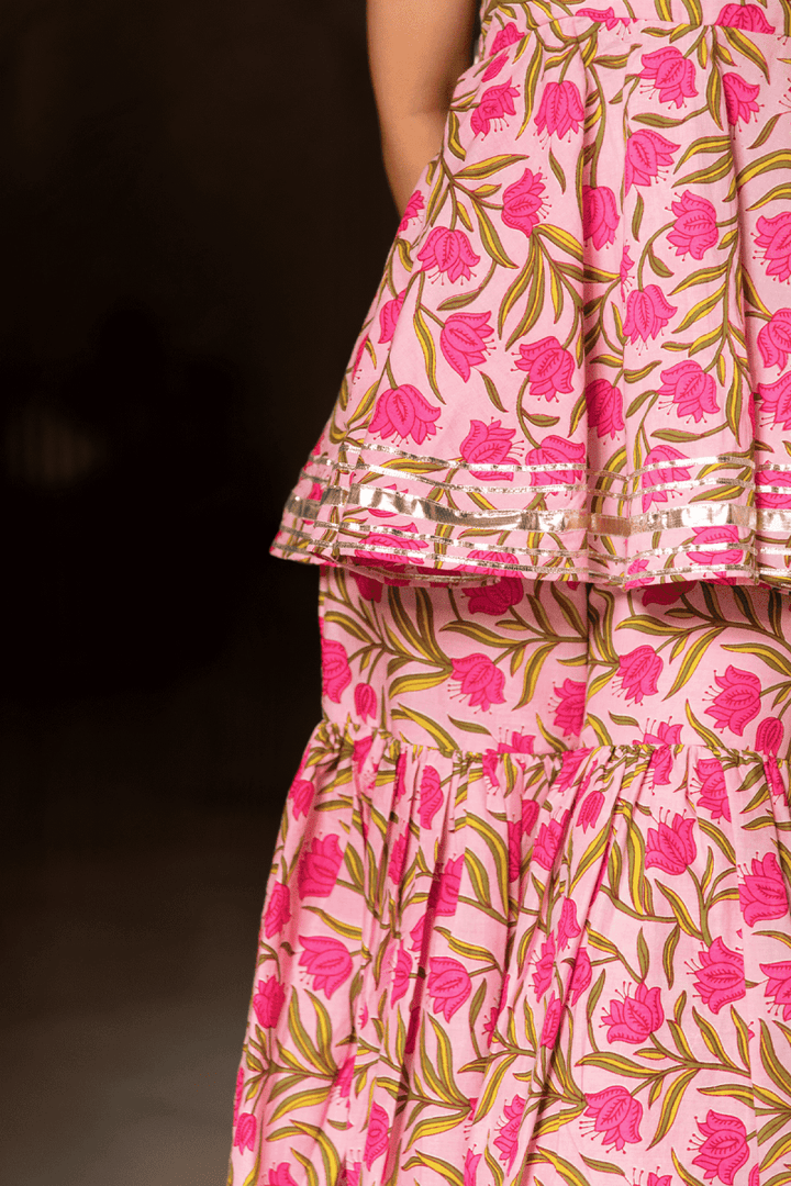 NAZAKAT PINK COTTON HAND BLOCK SHARARA SET WITH SOFT NET DUPATTA - Pomcha Jaipur