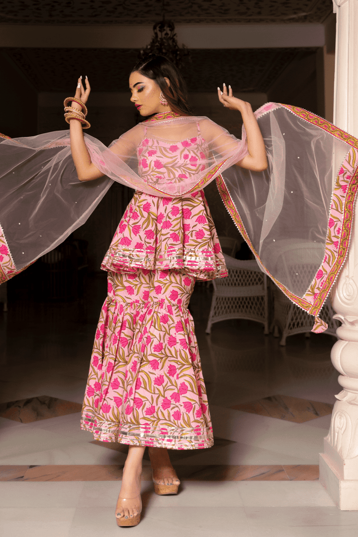 NAZAKAT PINK COTTON HAND BLOCK SHARARA SET WITH SOFT NET DUPATTA - Pomcha Jaipur