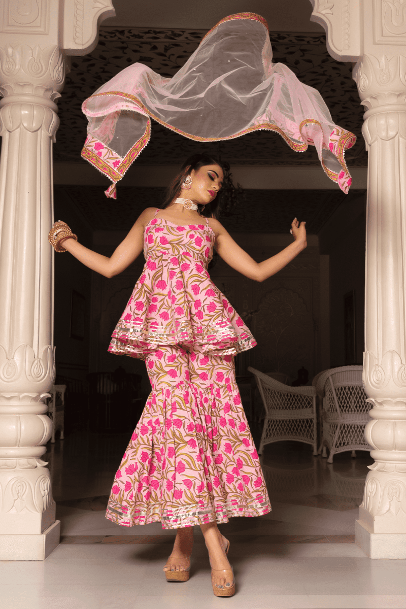 NAZAKAT PINK COTTON HAND BLOCK SHARARA SET WITH SOFT NET DUPATTA - Pomcha Jaipur