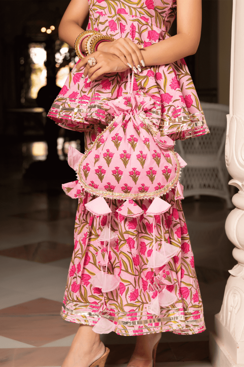 NAZAKAT PINK COTTON HAND BLOCK SHARARA SET WITH SOFT NET DUPATTA - Pomcha Jaipur