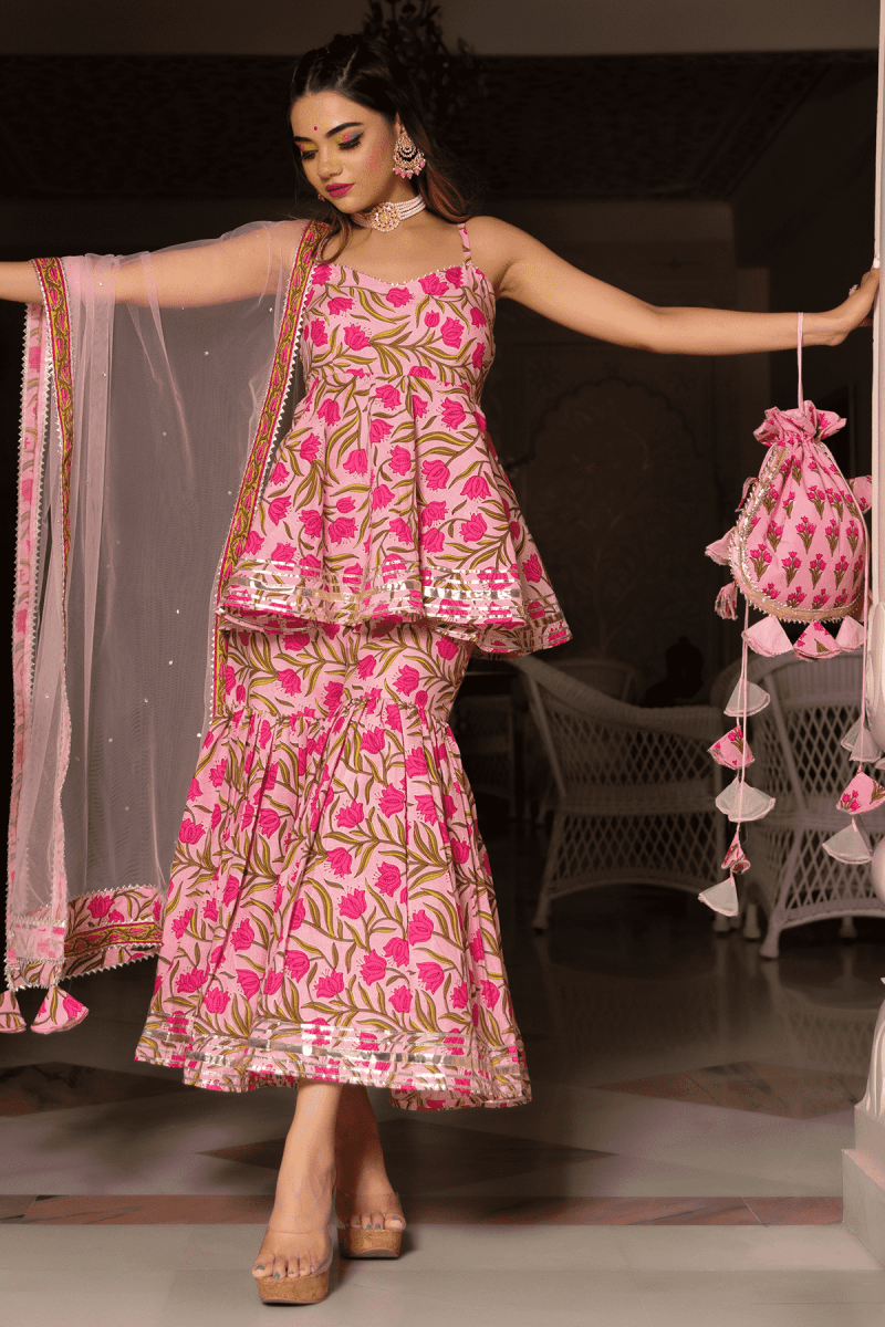 NAZAKAT PINK COTTON HAND BLOCK SHARARA SET WITH SOFT NET DUPATTA - Pomcha Jaipur