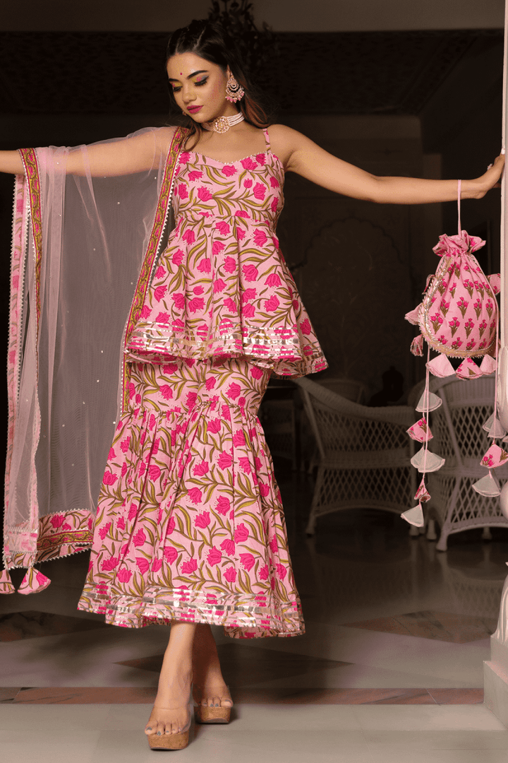 NAZAKAT PINK COTTON HAND BLOCK SHARARA SET WITH SOFT NET DUPATTA - Pomcha Jaipur