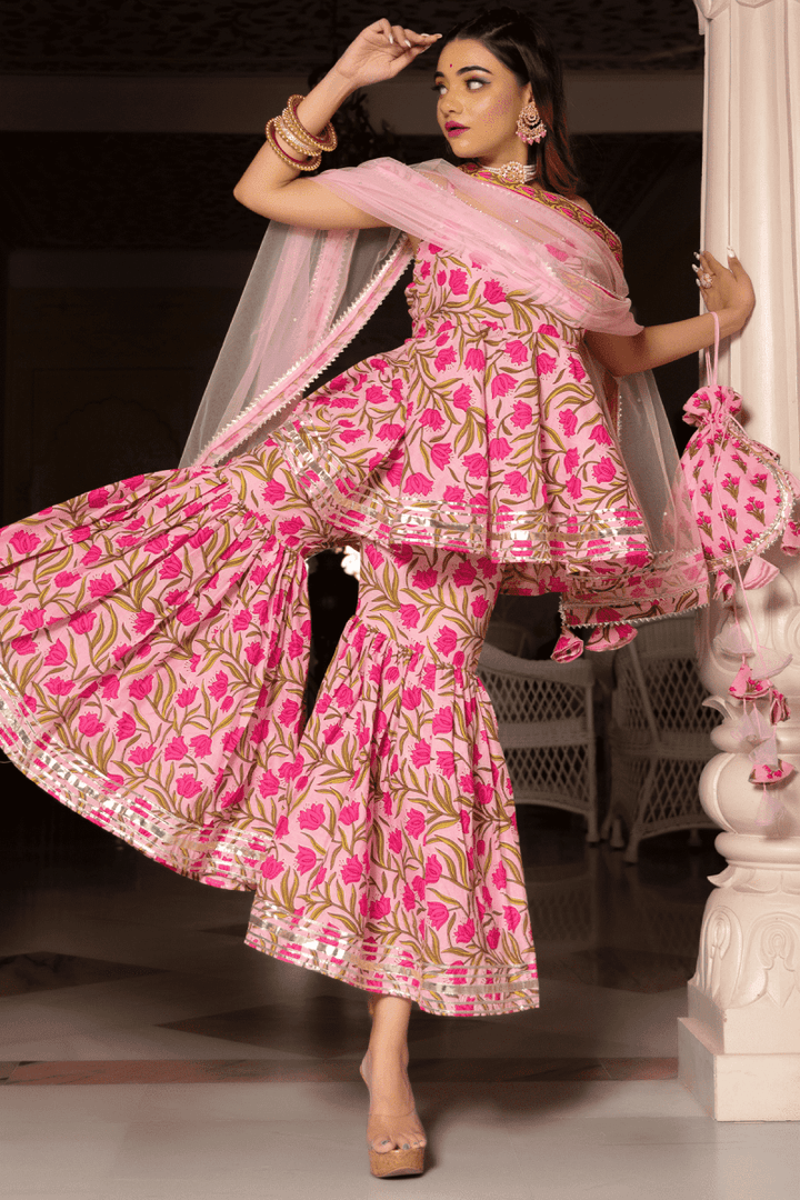 NAZAKAT PINK COTTON HAND BLOCK SHARARA SET WITH SOFT NET DUPATTA - Pomcha Jaipur