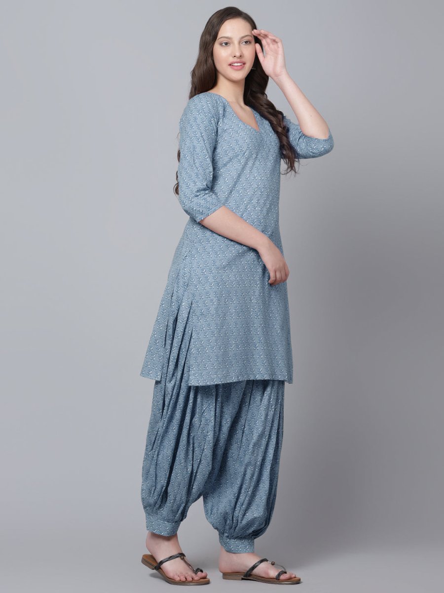 NEEL POWDER BLUE HAND BLOCK COTTON KURTA SALWAR SET - Pomcha Jaipur