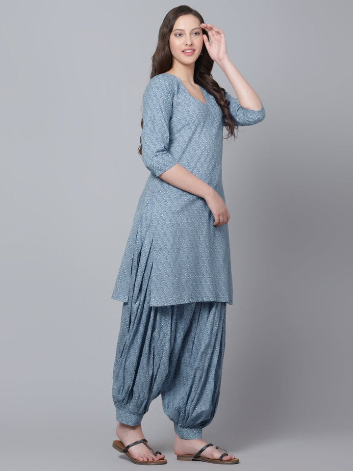 NEEL POWDER BLUE HAND BLOCK COTTON KURTA SALWAR SET - Pomcha Jaipur