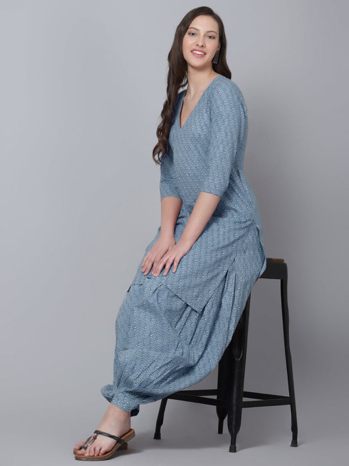 NEEL POWDER BLUE HAND BLOCK COTTON KURTA SALWAR SET - Pomcha Jaipur