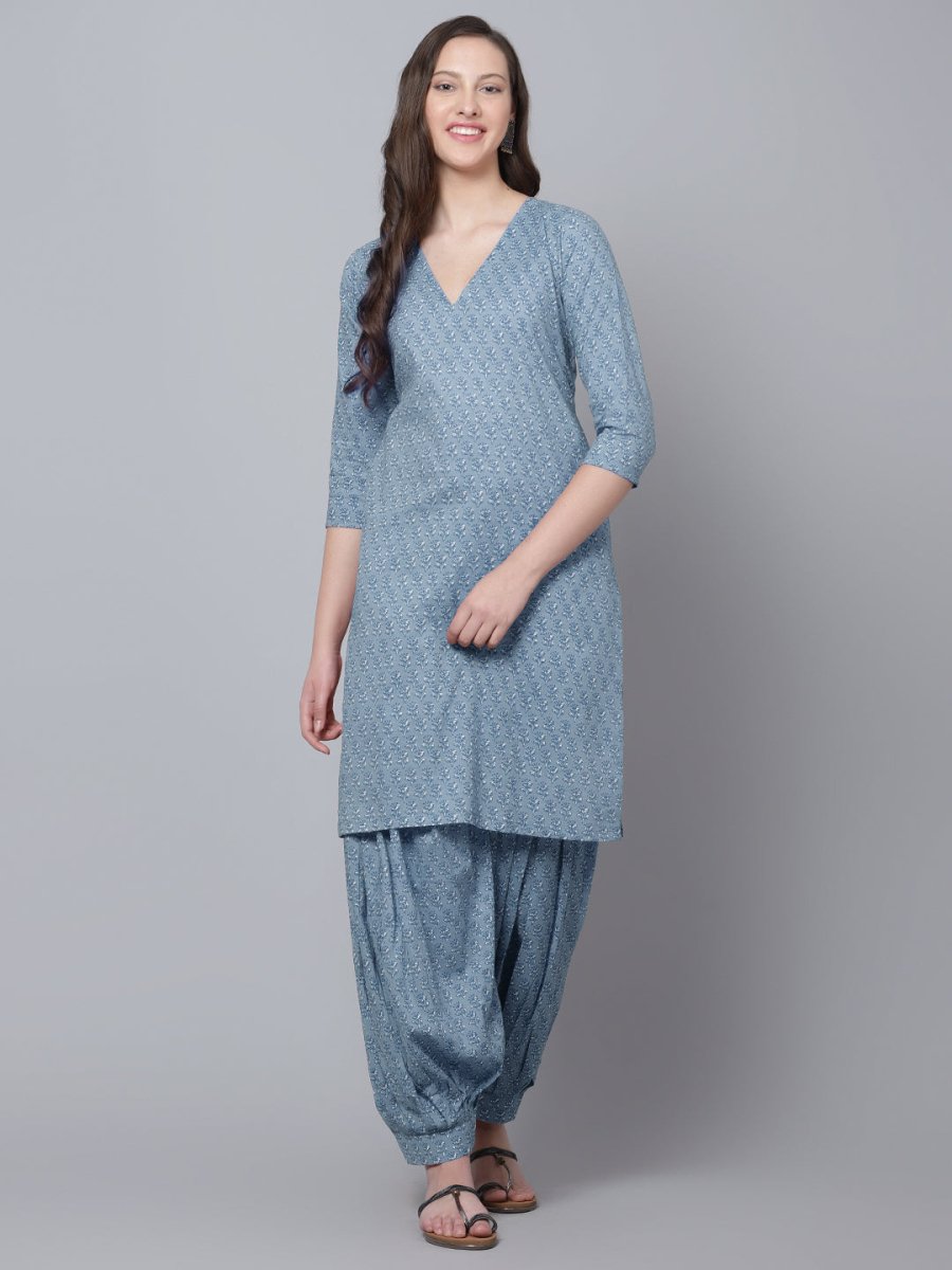 NEEL POWDER BLUE HAND BLOCK COTTON KURTA SALWAR SET - Pomcha Jaipur