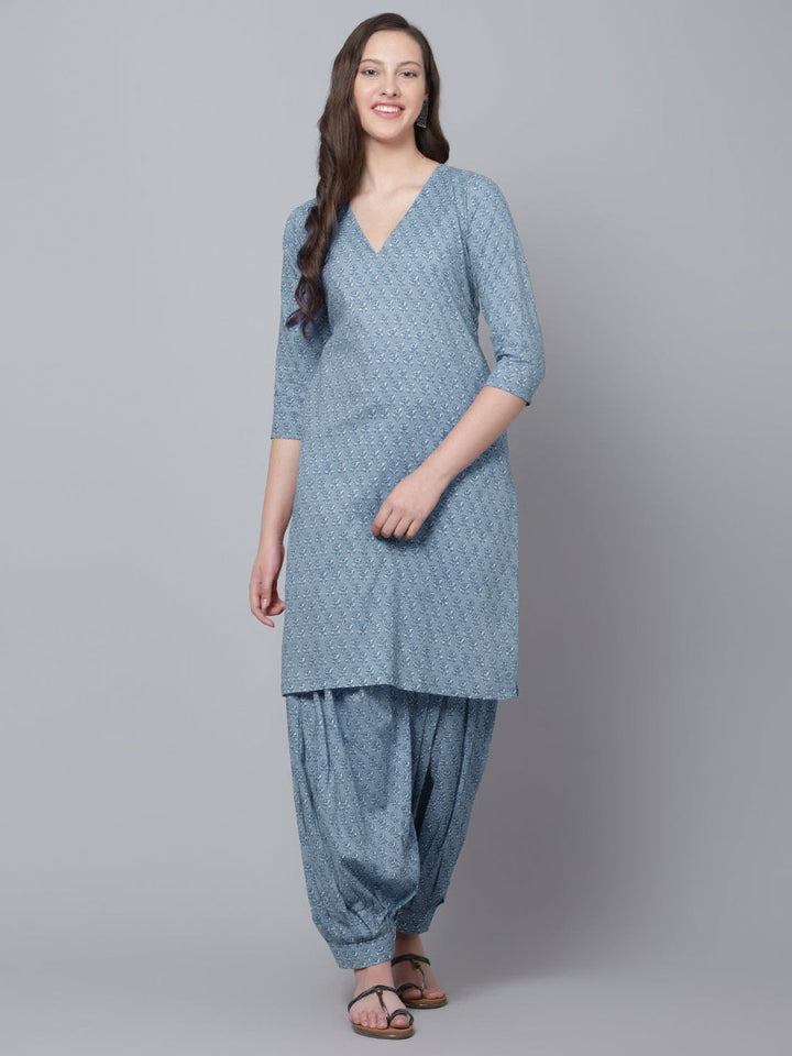NEEL POWDER BLUE HAND BLOCK COTTON KURTA SALWAR SET - Pomcha Jaipur