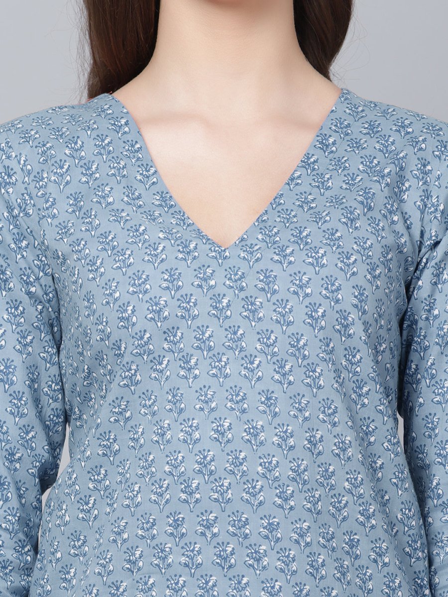 NEEL POWDER BLUE HAND BLOCK COTTON KURTA SALWAR SET - Pomcha Jaipur
