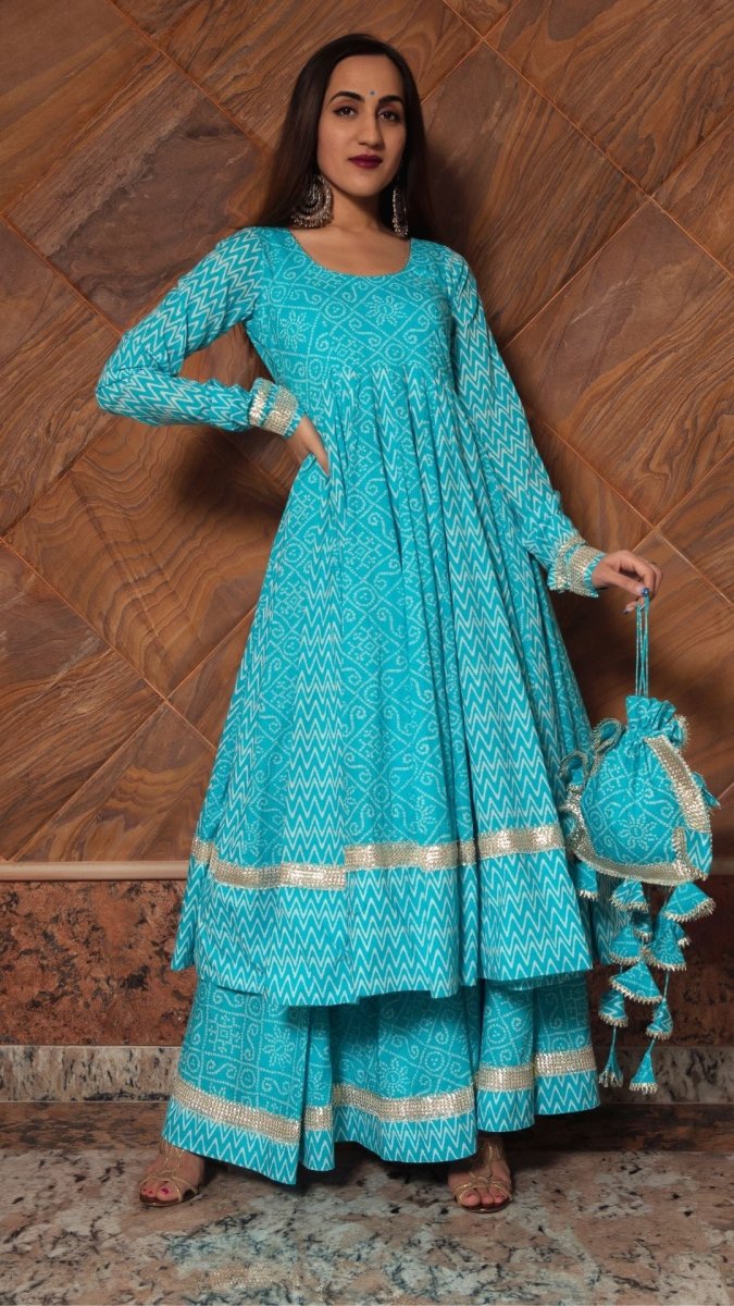 NEELKARI BLUE COTTON ANARKALI SET - Pomcha Jaipur