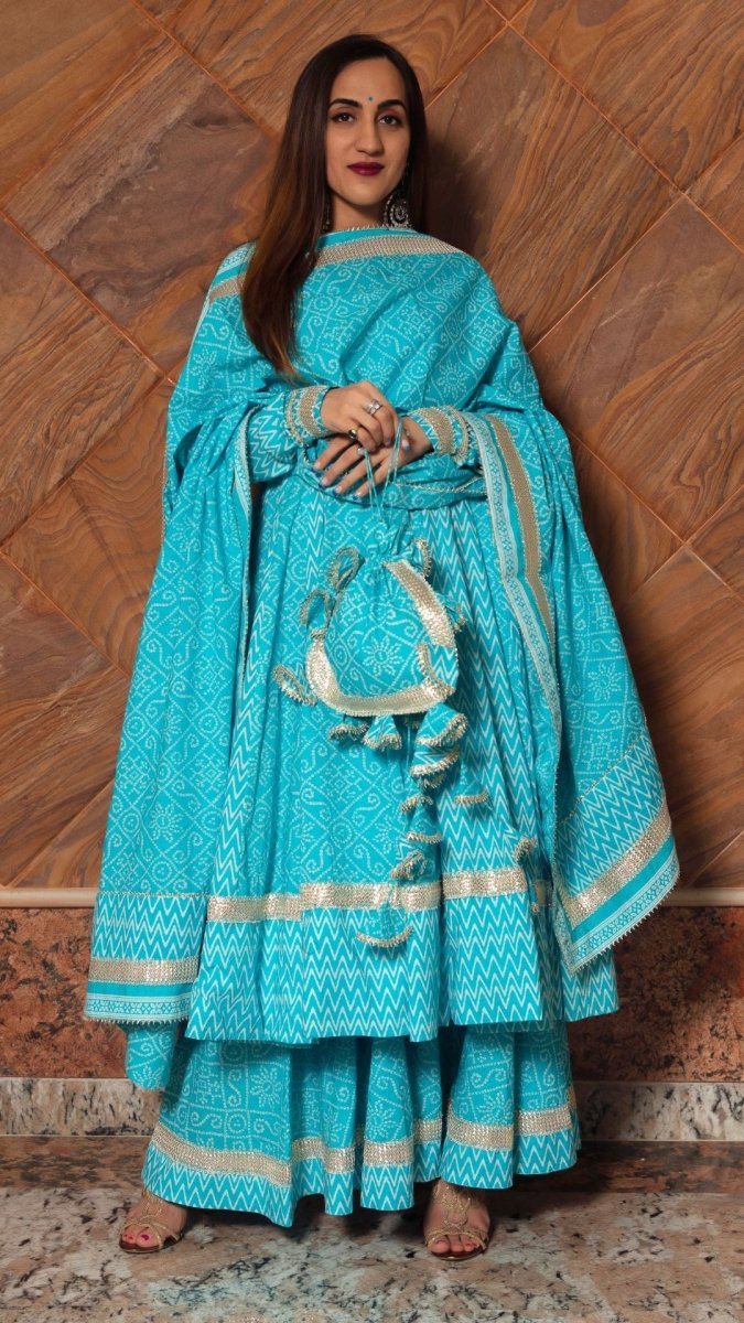 NEELKARI BLUE COTTON ANARKALI SET - Pomcha Jaipur