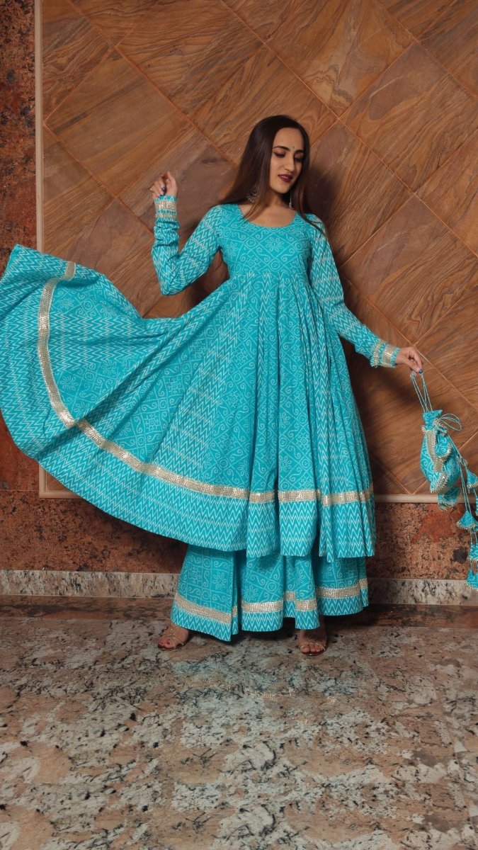 NEELKARI BLUE COTTON ANARKALI SET - Pomcha Jaipur