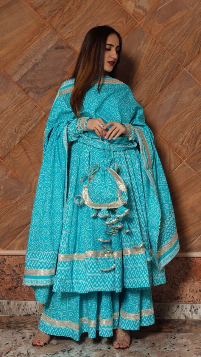 NEELKARI BLUE COTTON ANARKALI SET - Pomcha Jaipur