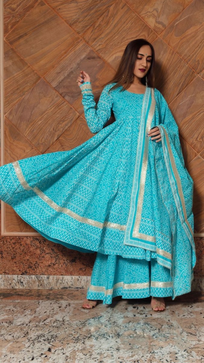 NEELKARI BLUE COTTON ANARKALI SET - Pomcha Jaipur