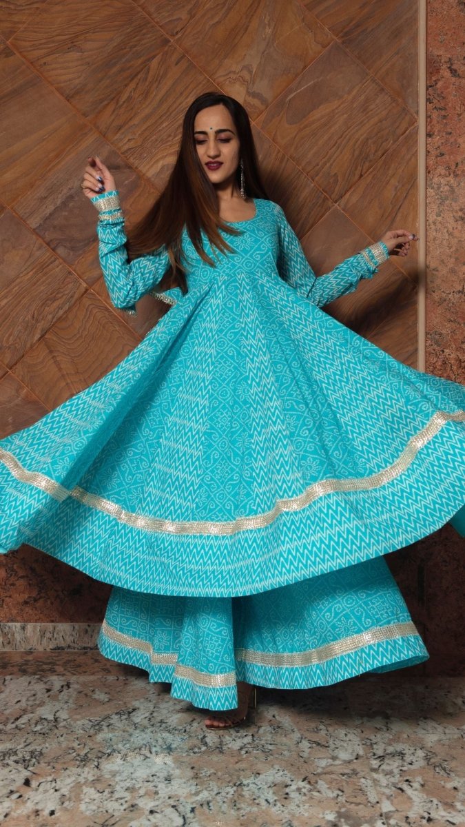 NEELKARI BLUE COTTON ANARKALI SET - Pomcha Jaipur