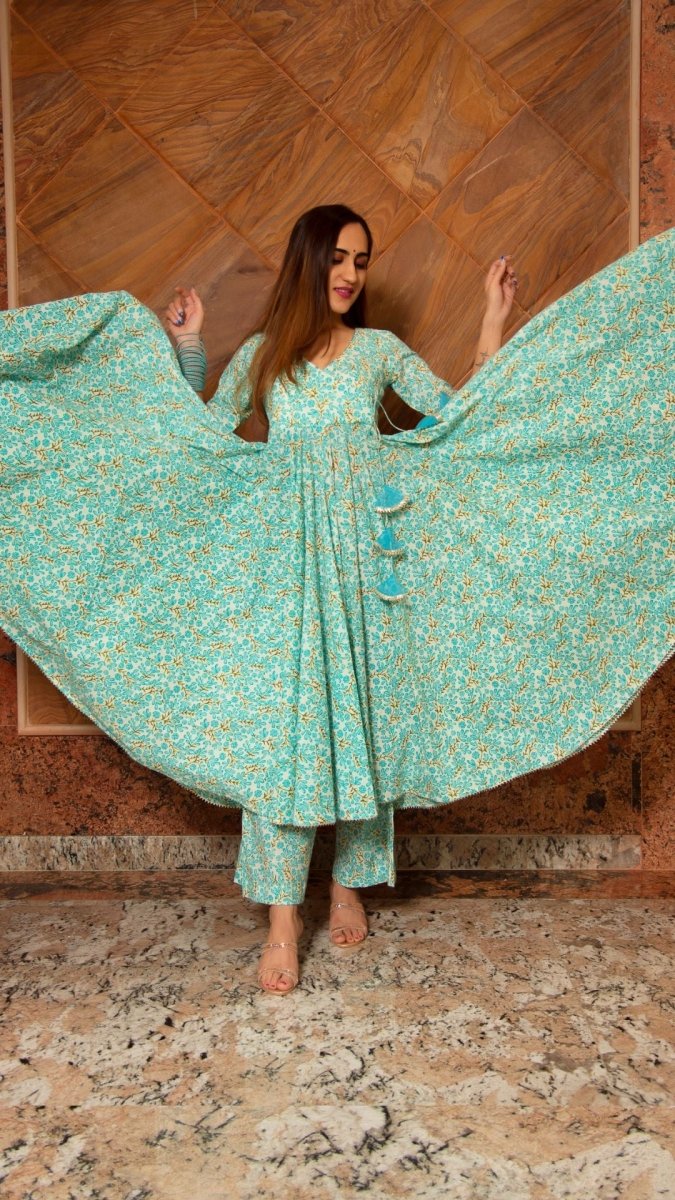 NOOR BLUE COTTON ANGRAKHA SET - Pomcha Jaipur