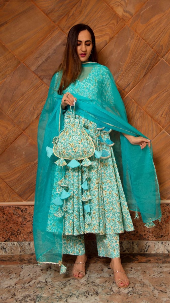 NOOR BLUE COTTON ANGRAKHA SET - Pomcha Jaipur