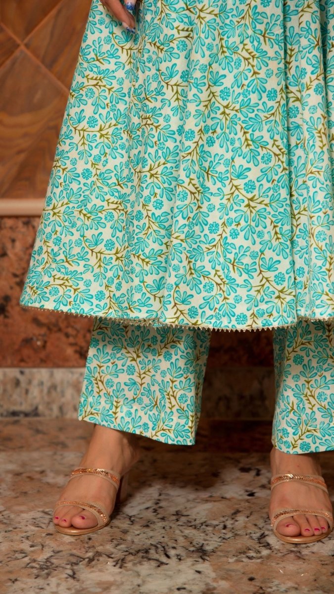 NOOR BLUE COTTON ANGRAKHA SET - Pomcha Jaipur