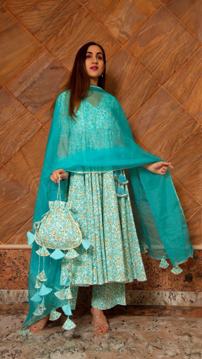 NOOR BLUE COTTON ANGRAKHA SET - Pomcha Jaipur
