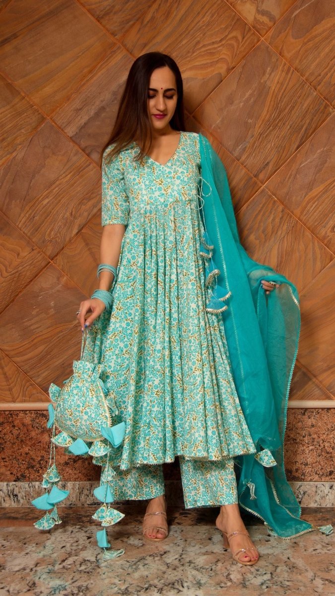 NOOR BLUE COTTON ANGRAKHA SET - Pomcha Jaipur