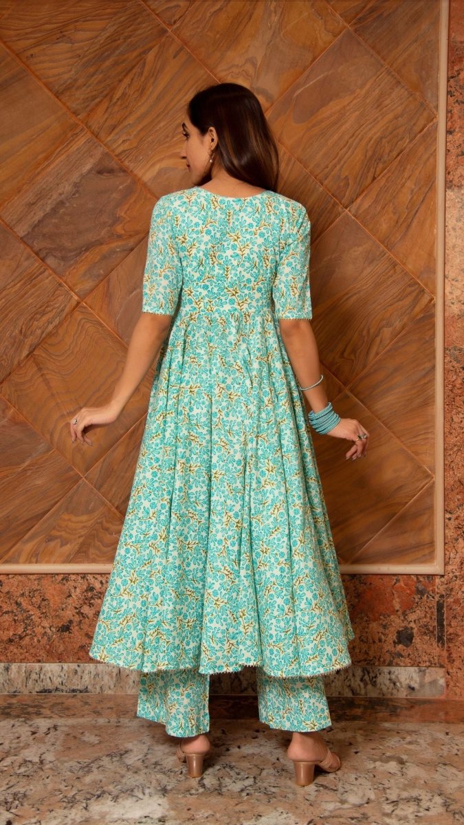 NOOR BLUE COTTON ANGRAKHA SET - Pomcha Jaipur