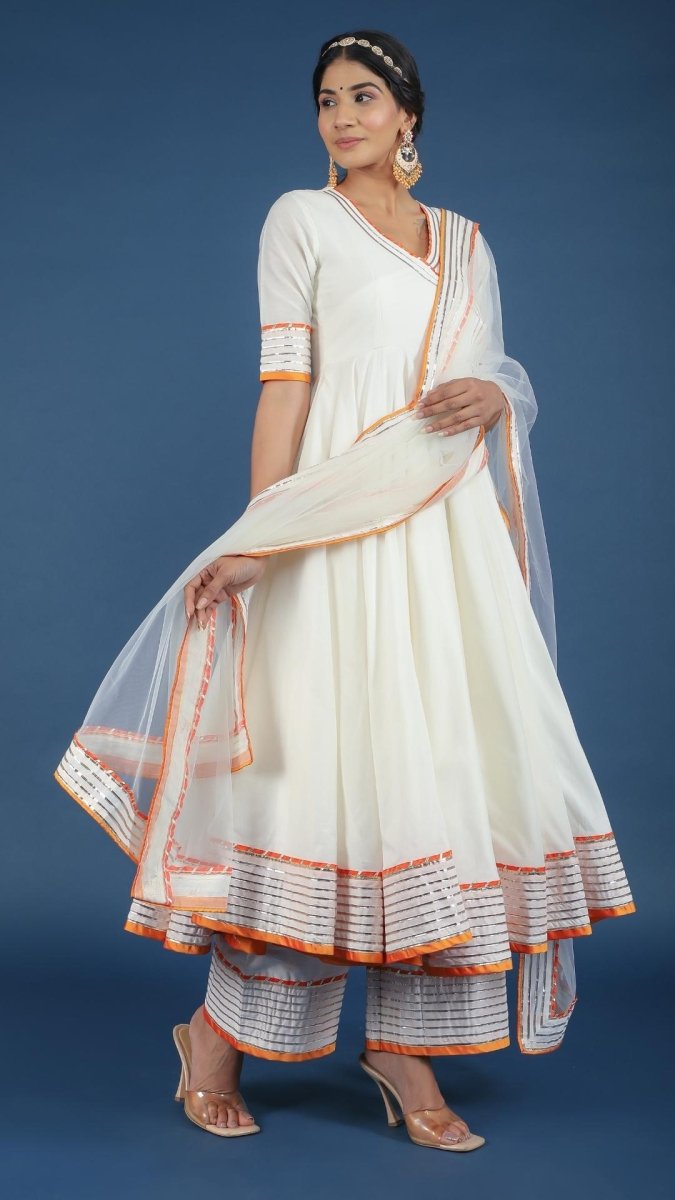 NOOR COTTON SILK OFF WHITE ANGRAKHA SET - Pomcha Jaipur