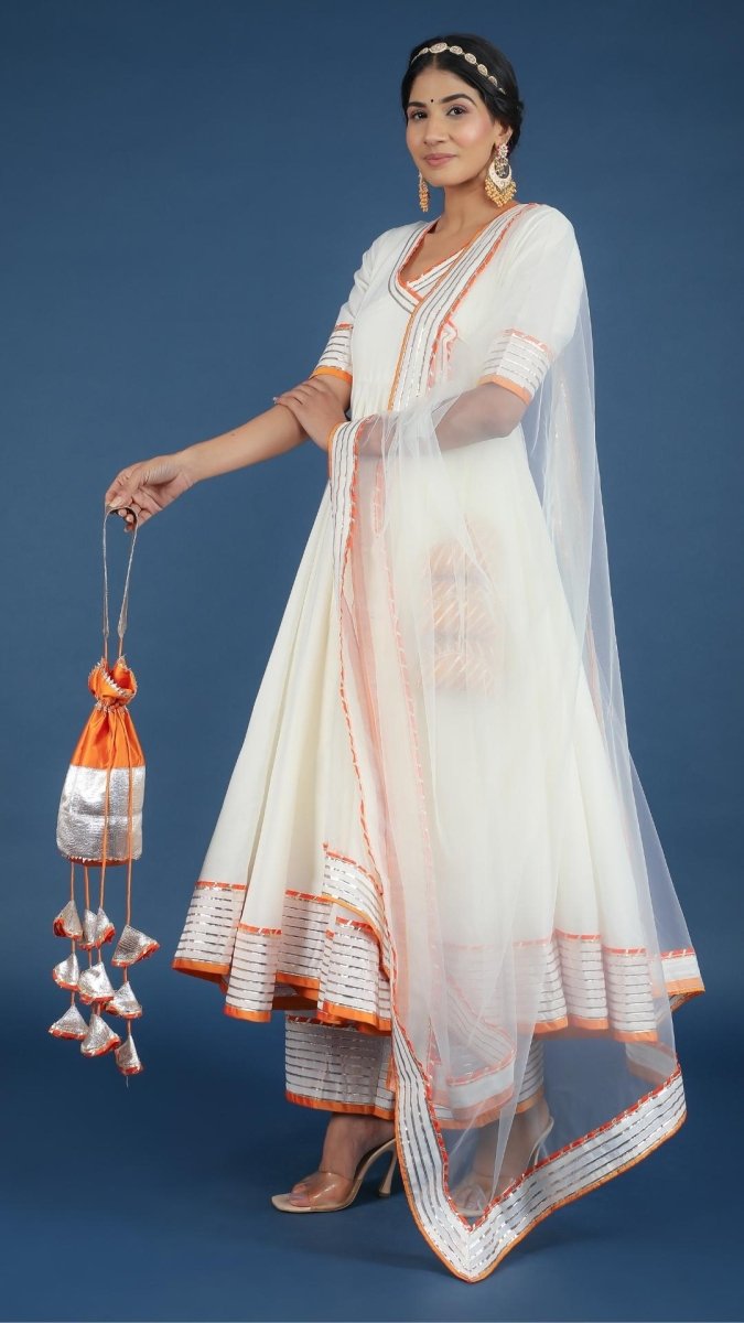 NOOR COTTON SILK OFF WHITE ANGRAKHA SET - Pomcha Jaipur