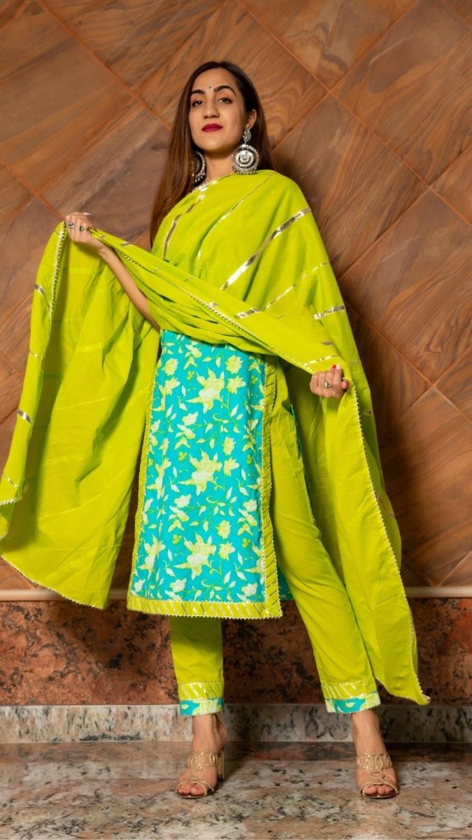 NOOR HAND BLOCK COTTON SUIT SET - Pomcha Jaipur