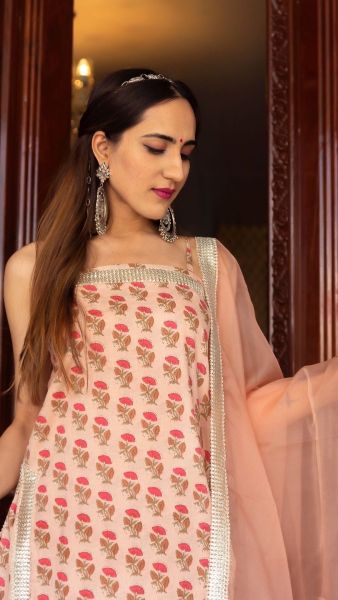 OJASVI PEACH HAND BLOCK SUIT SET - Pomcha Jaipur