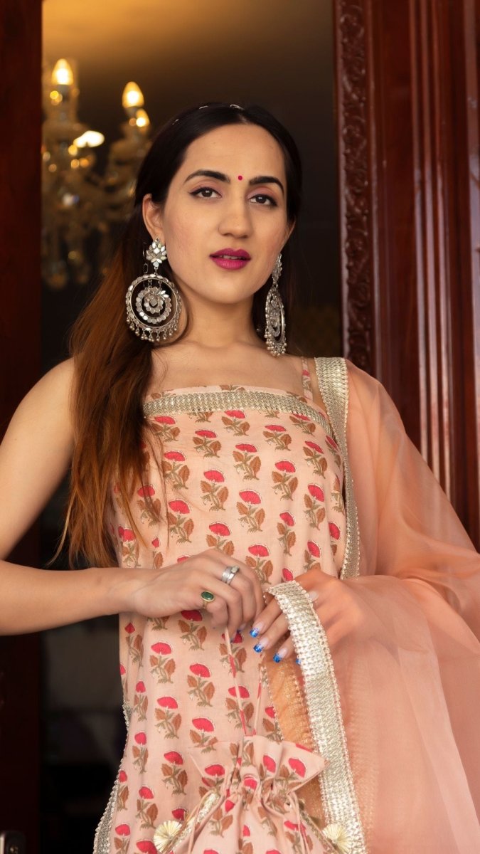 OJASVI PEACH HAND BLOCK SUIT SET - Pomcha Jaipur