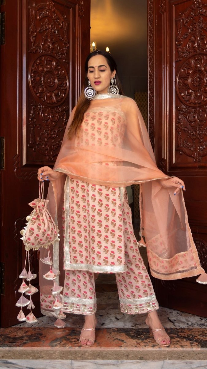 OJASVI PEACH HAND BLOCK SUIT SET - Pomcha Jaipur