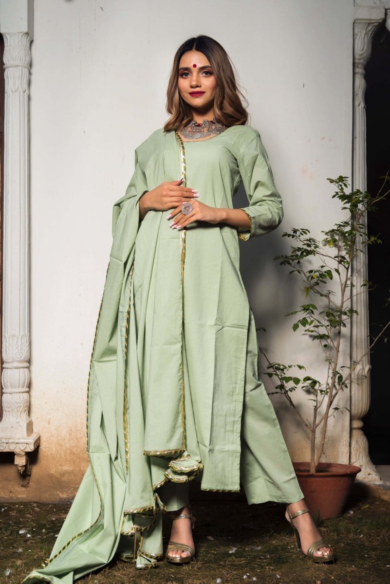 Olive Green Cotton Straight Kurta Set - Pomcha Jaipur