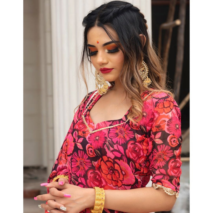 ORANGE PHOOL JAAL CHIFFON SUIT SET - Pomcha Jaipur