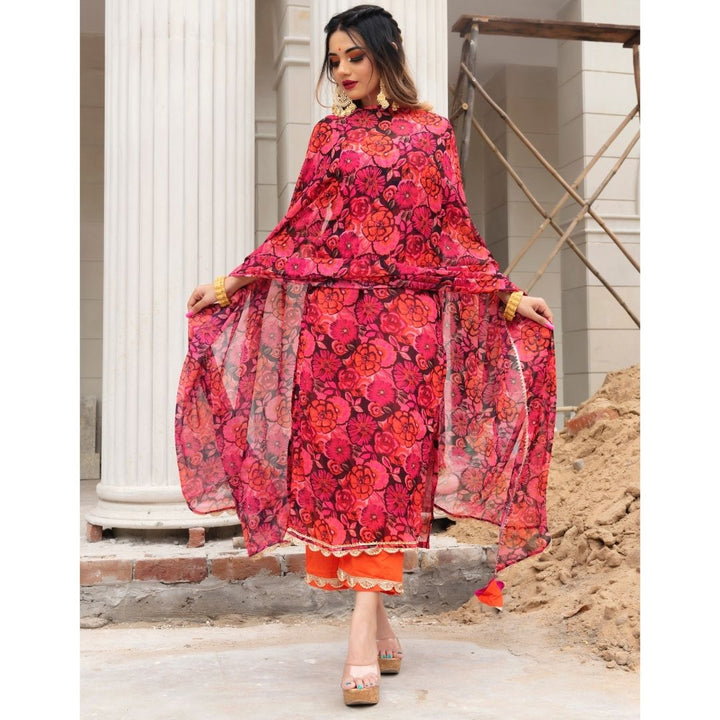 ORANGE PHOOL JAAL CHIFFON SUIT SET - Pomcha Jaipur